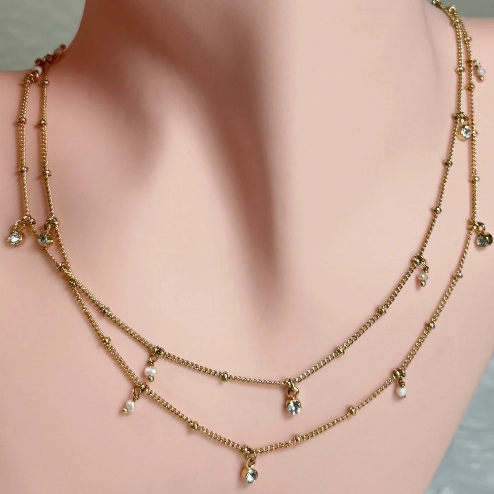 ⚜️💕 Gold Layered Necklace with Crystal Drops